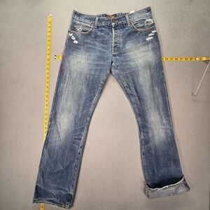 Thrashed Jeans Mens Selvedge Blue Armani Straight Culture Whiskers Fits 32x32